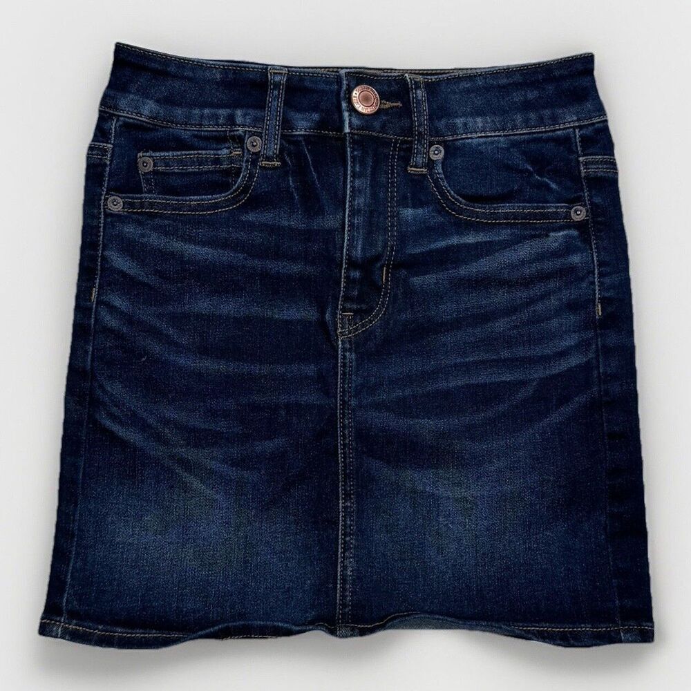 American Eagle Skirt Juniors 00 Long Hi Rise Mini Blue Denim Stretch 24 x 15